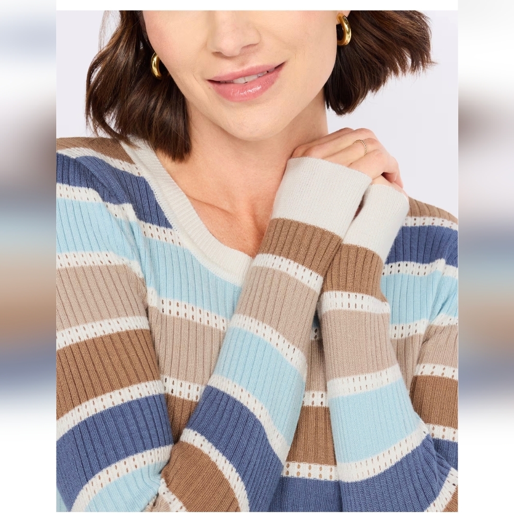 Striped Multicolor Women's Crewneck Ribbed Long Sleeve Sweater